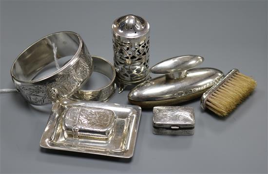 Mixed silver and white metal items including a silver vesta case, pill box, pin tray, napkin ring etc.